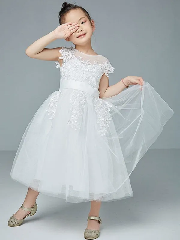 Sleeveless White Lace Tulle Flower Girl Dresses Knee Length Princess Silhouette Embroidered Kids Dresses