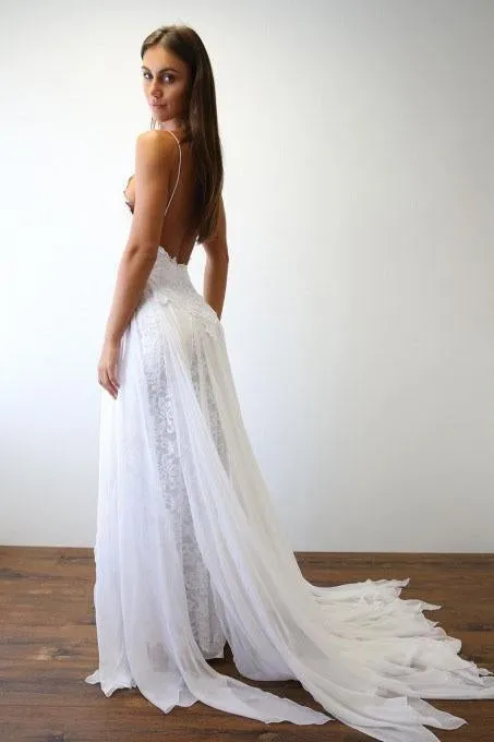 Spaghetti Straps Sweetheart White Lace Wedding Dresses with Chiffon Beach Bridal Dress STK15420