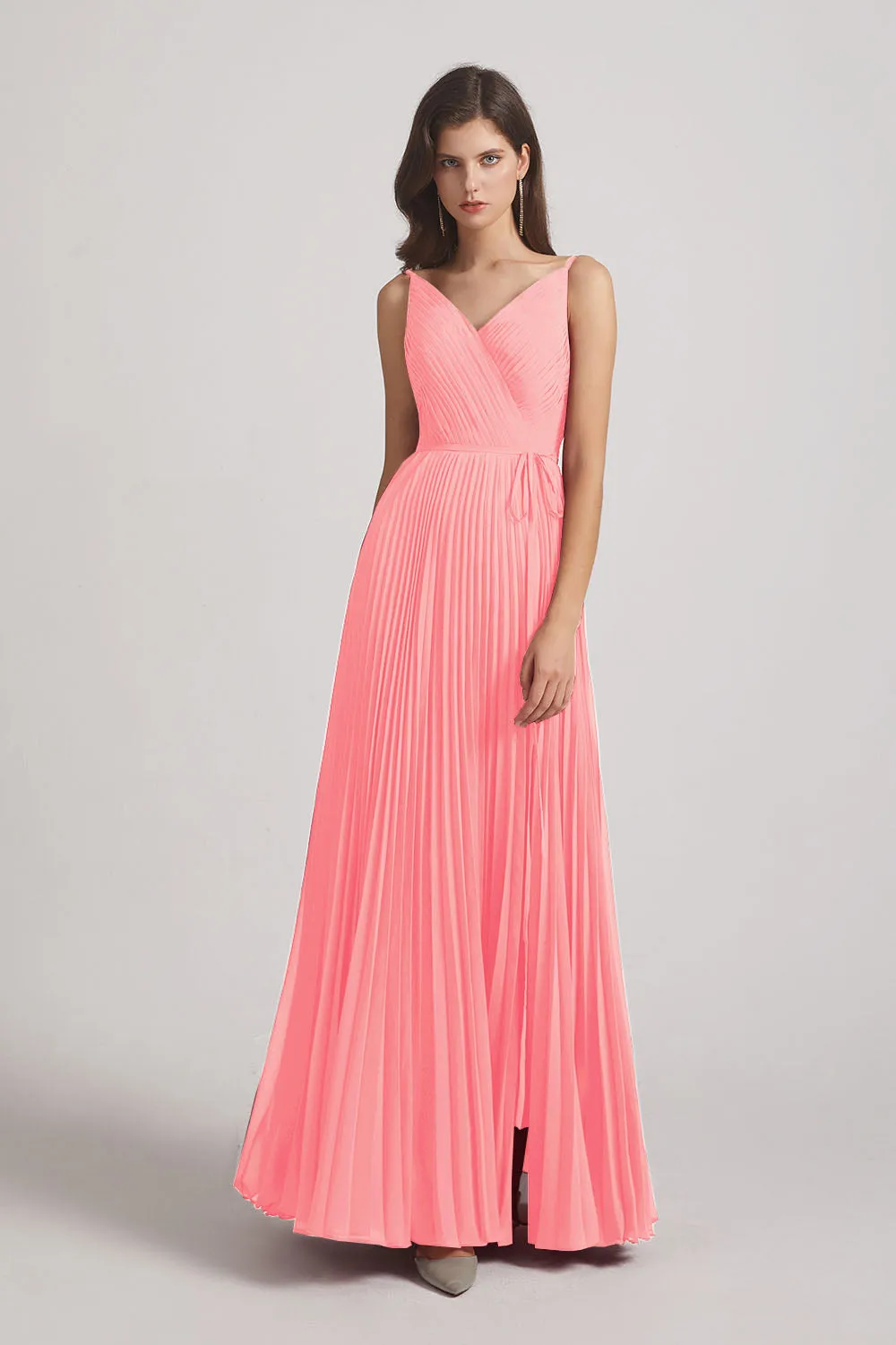 Spaghetti Straps V-Neck Ruched Chiffon Bridesmaid Dresses (AF0054)