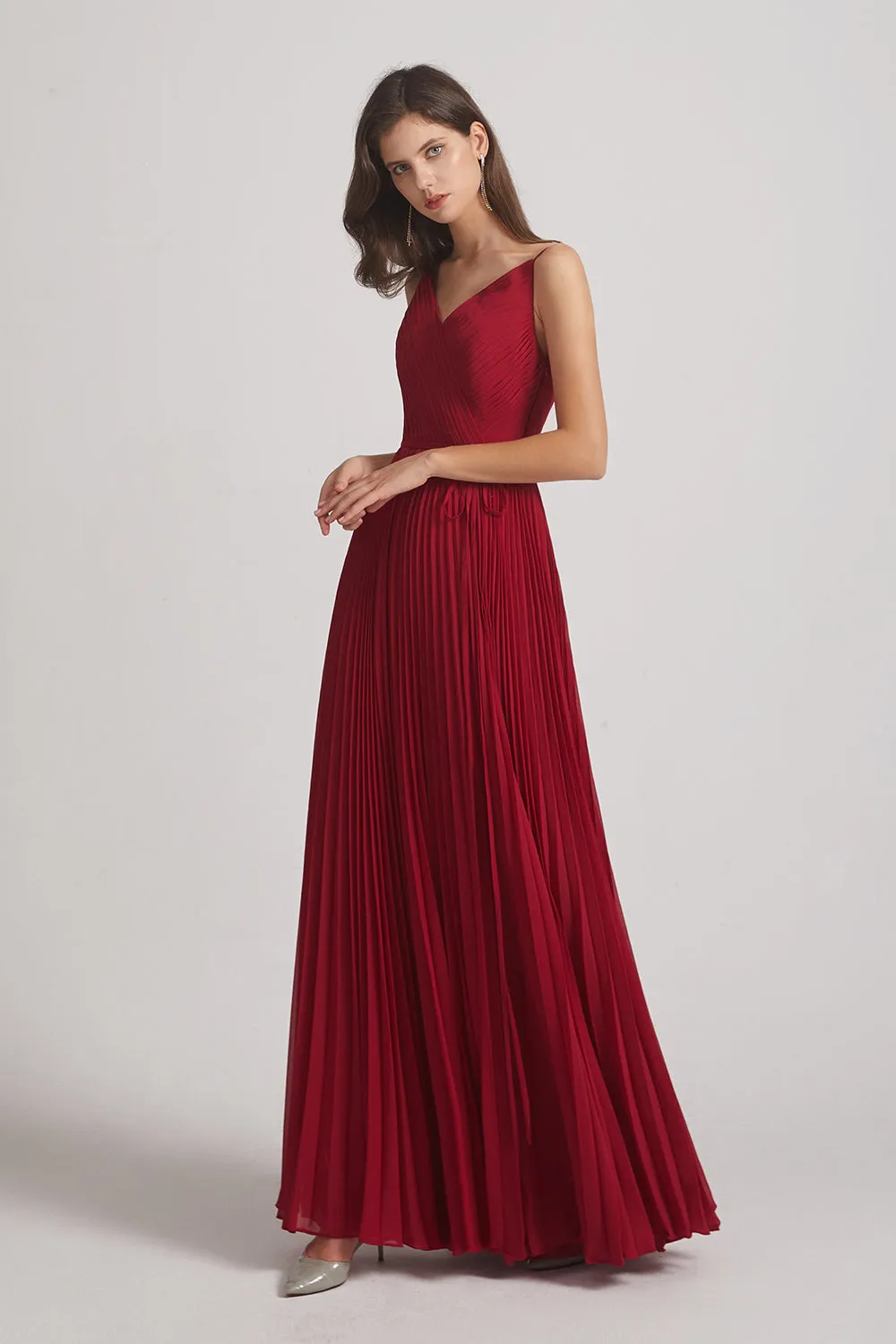 Spaghetti Straps V-Neck Ruched Chiffon Bridesmaid Dresses (AF0054)