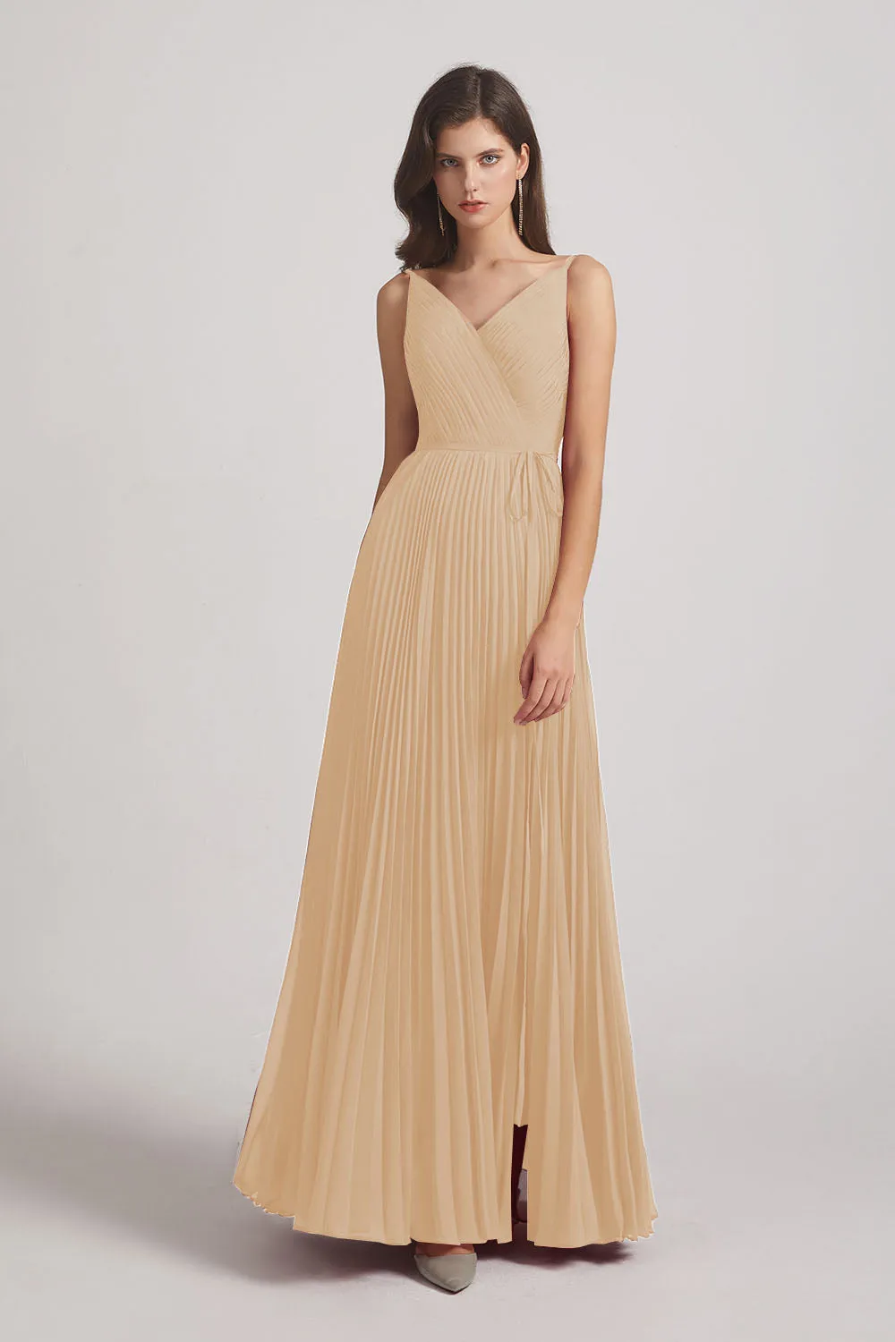 Spaghetti Straps V-Neck Ruched Chiffon Bridesmaid Dresses (AF0054)