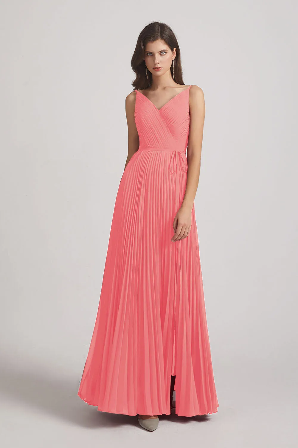 Spaghetti Straps V-Neck Ruched Chiffon Bridesmaid Dresses (AF0054)