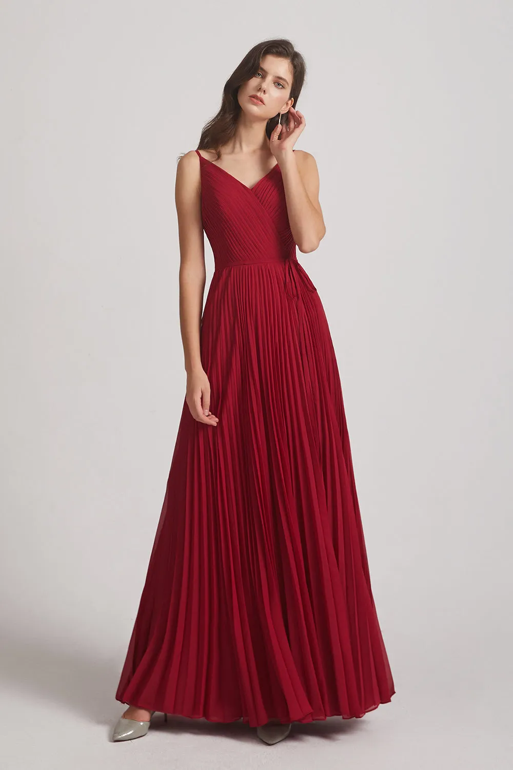 Spaghetti Straps V-Neck Ruched Chiffon Bridesmaid Dresses (AF0054)