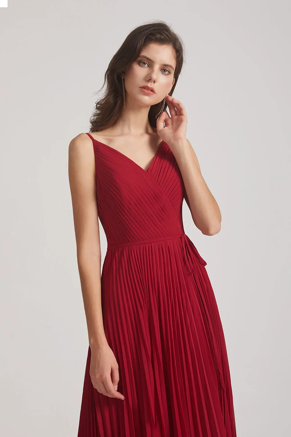 Spaghetti Straps V-Neck Ruched Chiffon Bridesmaid Dresses (AF0054)