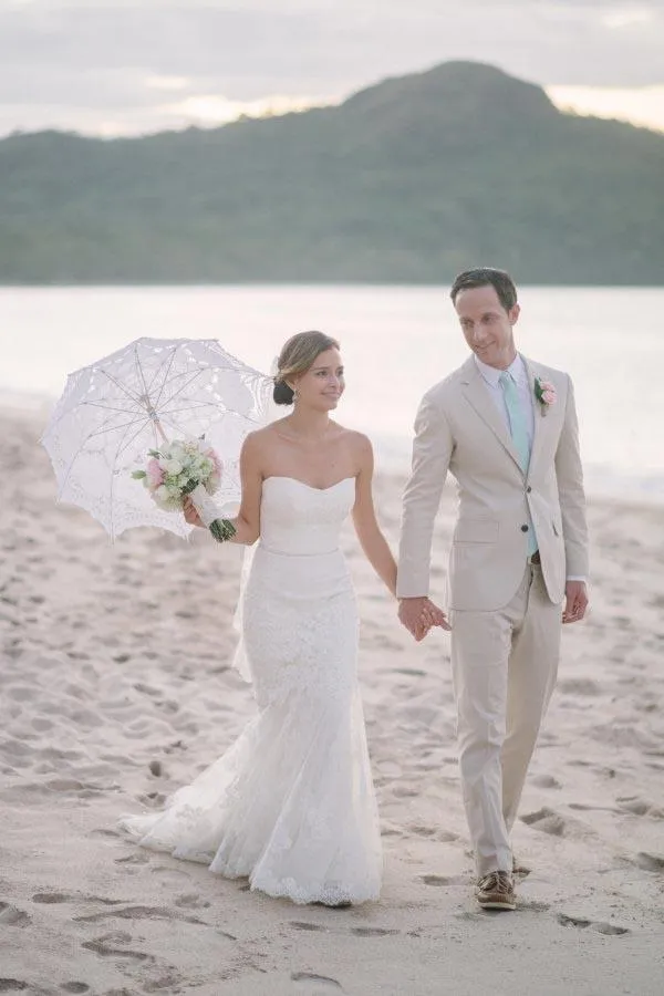 Subtle Sweetheart Strapless Lace Mermaid White Sleeveless Tulle Beach Wedding Dresses