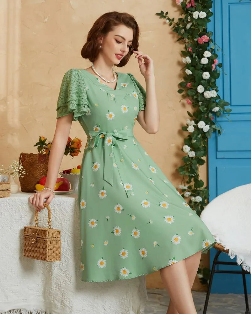 Summer Short Puff Sleeve Cocktail Dress Vintage V-Neck A Line Swing Dresses with Belts