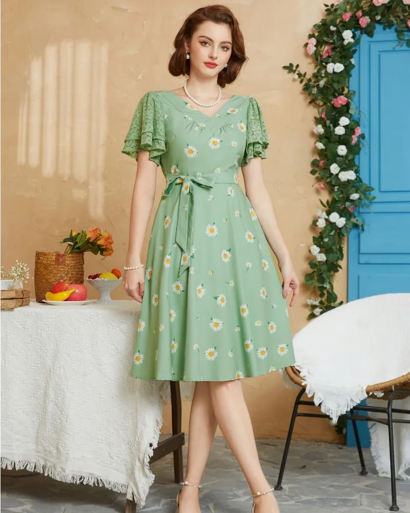 Summer Short Puff Sleeve Cocktail Dress Vintage V-Neck A Line Swing Dresses with Belts