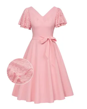 Summer Short Puff Sleeve Cocktail Dress Vintage V-Neck A Line Swing Dresses with Belts