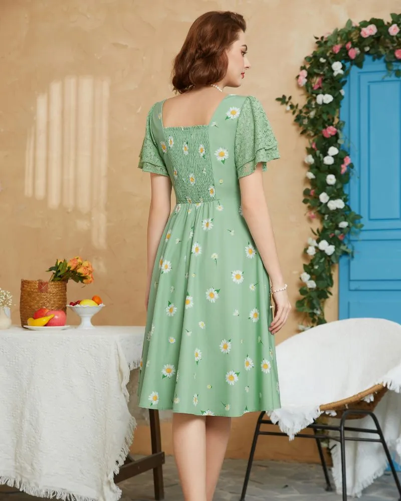 Summer Short Puff Sleeve Cocktail Dress Vintage V-Neck A Line Swing Dresses with Belts