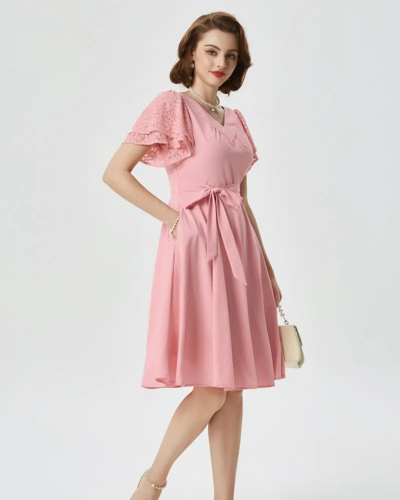 Summer Short Puff Sleeve Cocktail Dress Vintage V-Neck A Line Swing Dresses with Belts