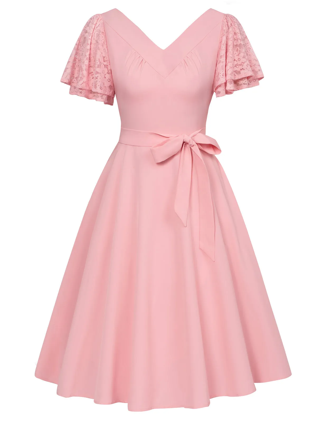 Summer Short Puff Sleeve Cocktail Dress Vintage V-Neck A Line Swing Dresses with Belts