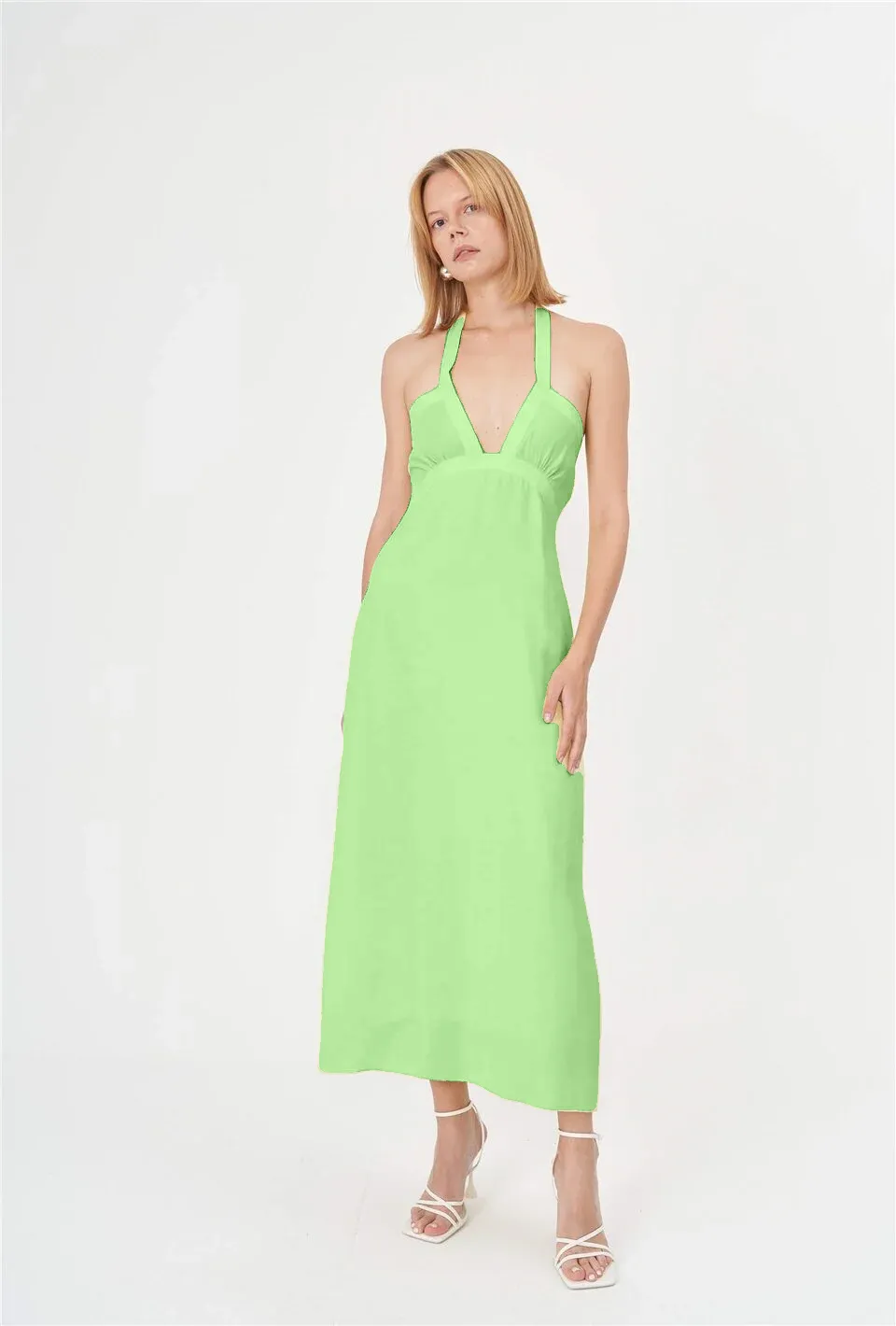 Sustainable Halter Neck Summer Dress - Lime Green