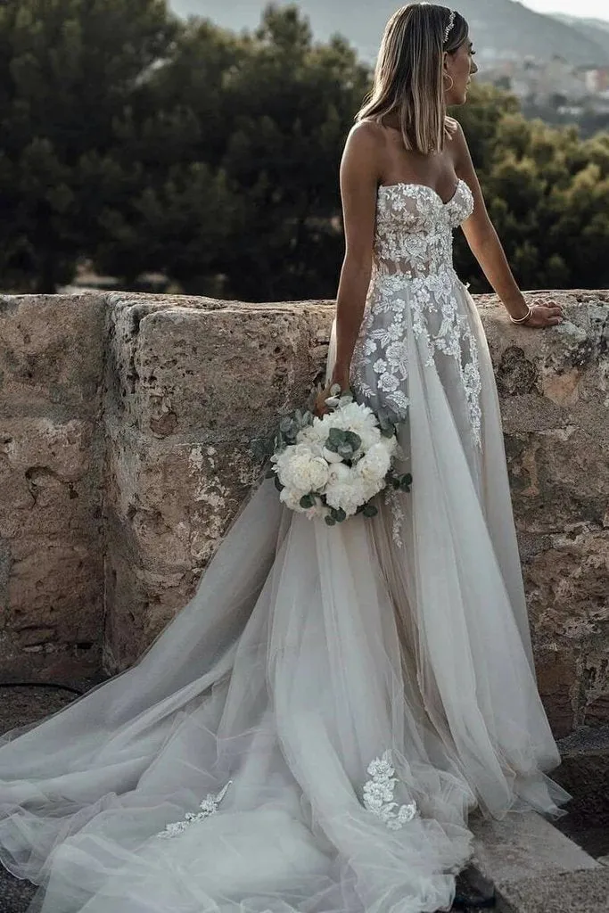 Sweetheart Strapless Lace Rustic Wedding Dresses Long Tulle Beach Wedding Dress