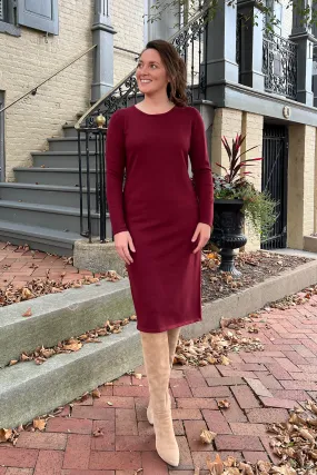 THE QUINN EVERYDAY SCOOP NECK SWEATER DRESS IN BURGUNDY