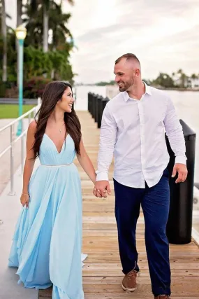 Thigh Split Sky Blue Rustic Wedding Dresses Beach Wedding Gown with Court Train