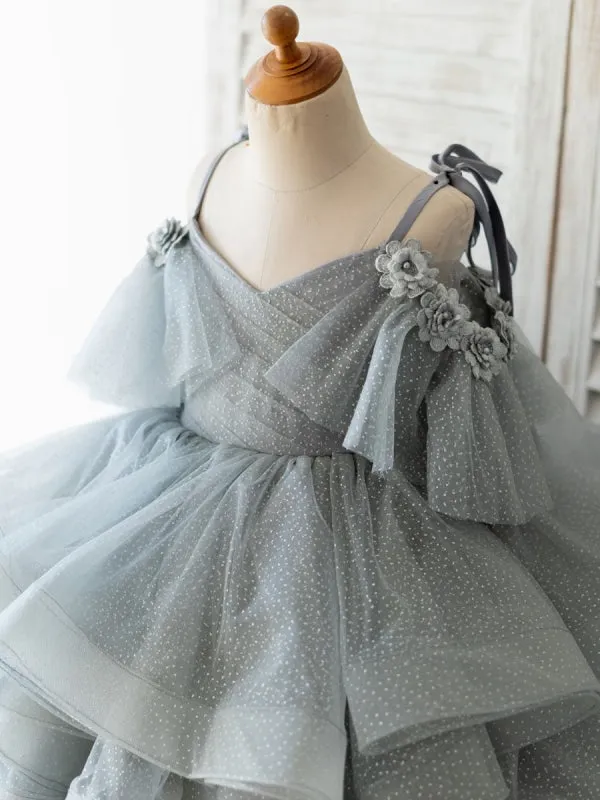 Tulle Grey V Neck Sleeveless Flower Girl Dresses Formal Social Party Dresses