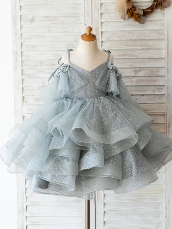 Tulle Grey V Neck Sleeveless Flower Girl Dresses Formal Social Party Dresses