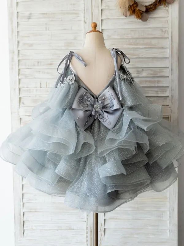 Tulle Grey V Neck Sleeveless Flower Girl Dresses Formal Social Party Dresses