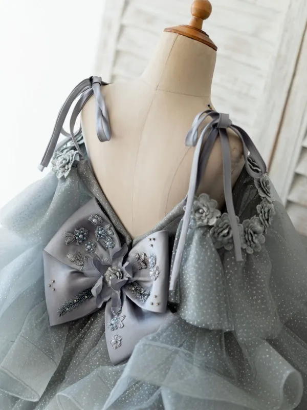 Tulle Grey V Neck Sleeveless Flower Girl Dresses Formal Social Party Dresses