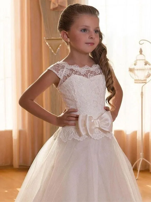 Tulle Lace Princess Flower Girl Dresses Short Sleeves Floor Length Silhouette Kids Formal Pageant Dresses