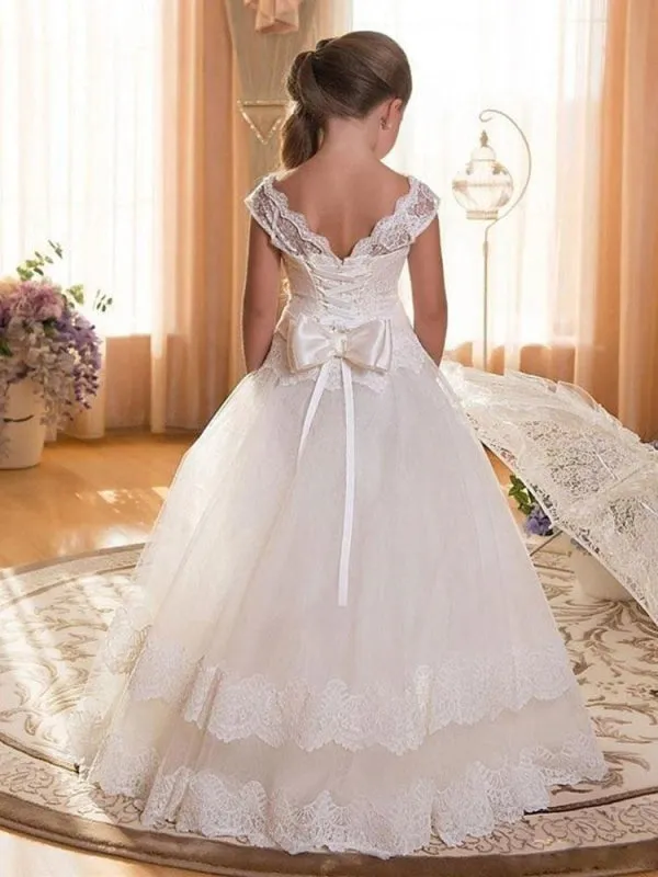 Tulle Lace Princess Flower Girl Dresses Short Sleeves Floor Length Silhouette Kids Formal Pageant Dresses