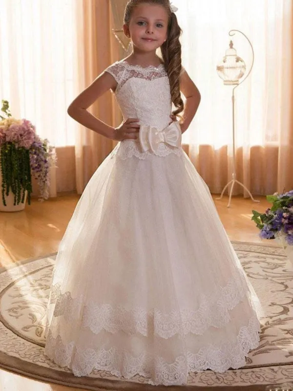 Tulle Lace Princess Flower Girl Dresses Short Sleeves Floor Length Silhouette Kids Formal Pageant Dresses