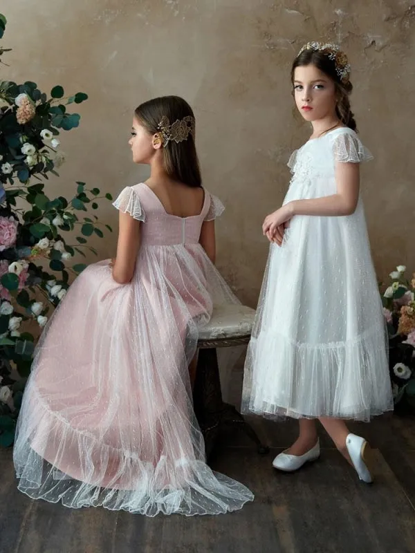 Tulle Ruffles Sleeveless Flower Girl Dresses Ankle Length Princess Silhouette Kids Social Party Dresses