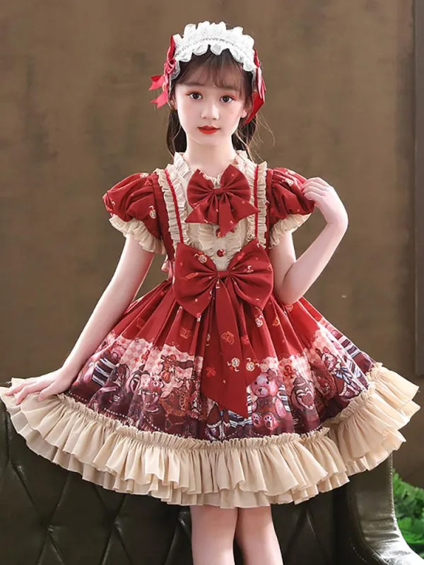 Tulle Short Sleeves Flower Girl Dresses Knee-Length A-Line Bows Red Kids Party Dresses