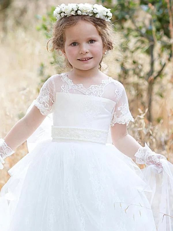 Tulle Short Sleeves Princess Flower Girl Dresses Jewel Neck Floor Length Formal Kids Pageant Dresses