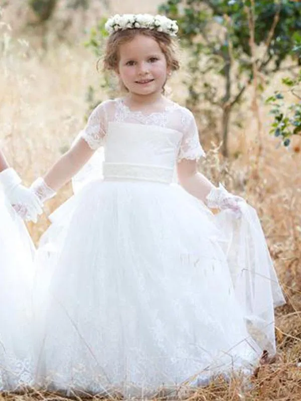 Tulle Short Sleeves Princess Flower Girl Dresses Jewel Neck Floor Length Formal Kids Pageant Dresses