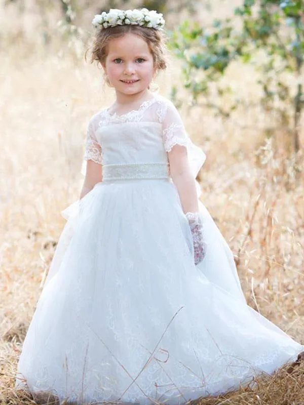 Tulle Short Sleeves Princess Flower Girl Dresses Jewel Neck Floor Length Formal Kids Pageant Dresses