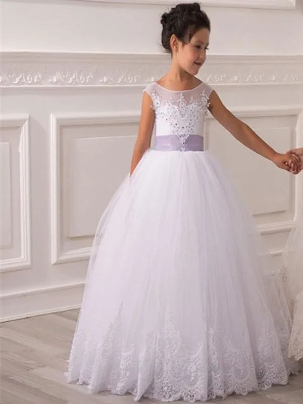 Tulle Sleeveless Ankle Length Princess Flower Girl Dresses Jewel Neck Kids Party Dresses