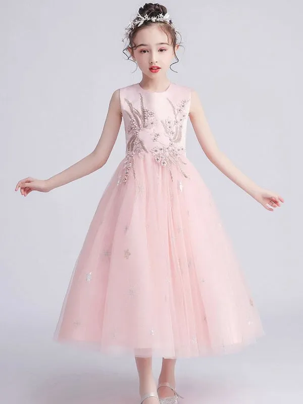 Tulle Sleeveless White Aline Flower Girl Dresses Jewel Neck Princess Kids Party Dresses