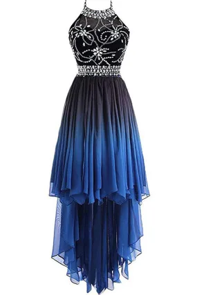 Beaded Ombre Halter Prom Dress with Sleeveless, Unique High-Low Design