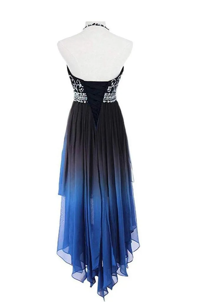 Beaded Ombre Halter Prom Dress with Sleeveless, Unique High-Low Design