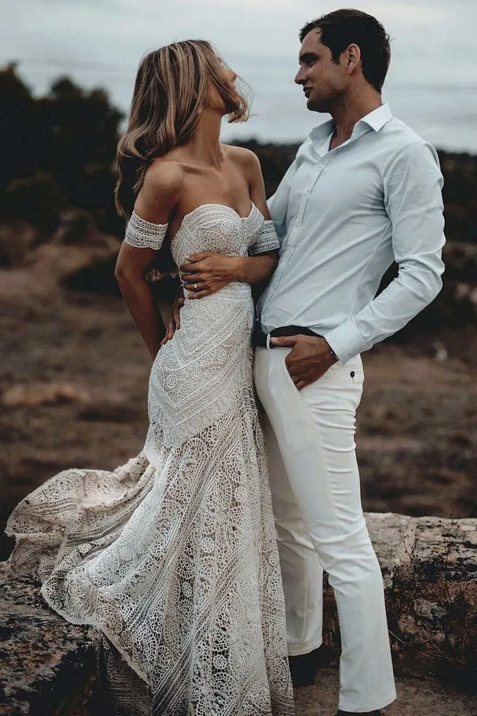 Unique Mermaid Off the Shoulder Straps Ivory Lace Beach Wedding Dress Bridal Dresses