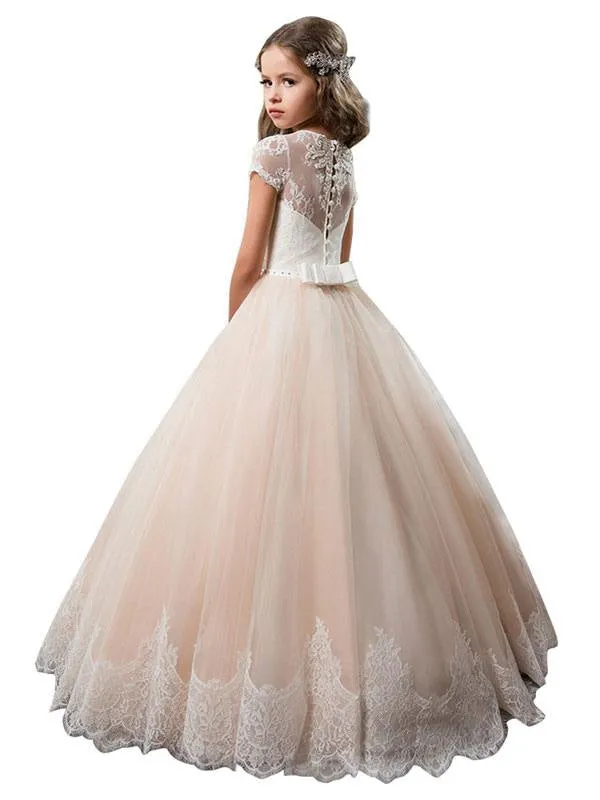 V-Neck Tulle Short Sleeves Flower Girl Dresses Ankle Length Ball Gown Kids Pageant Dresses