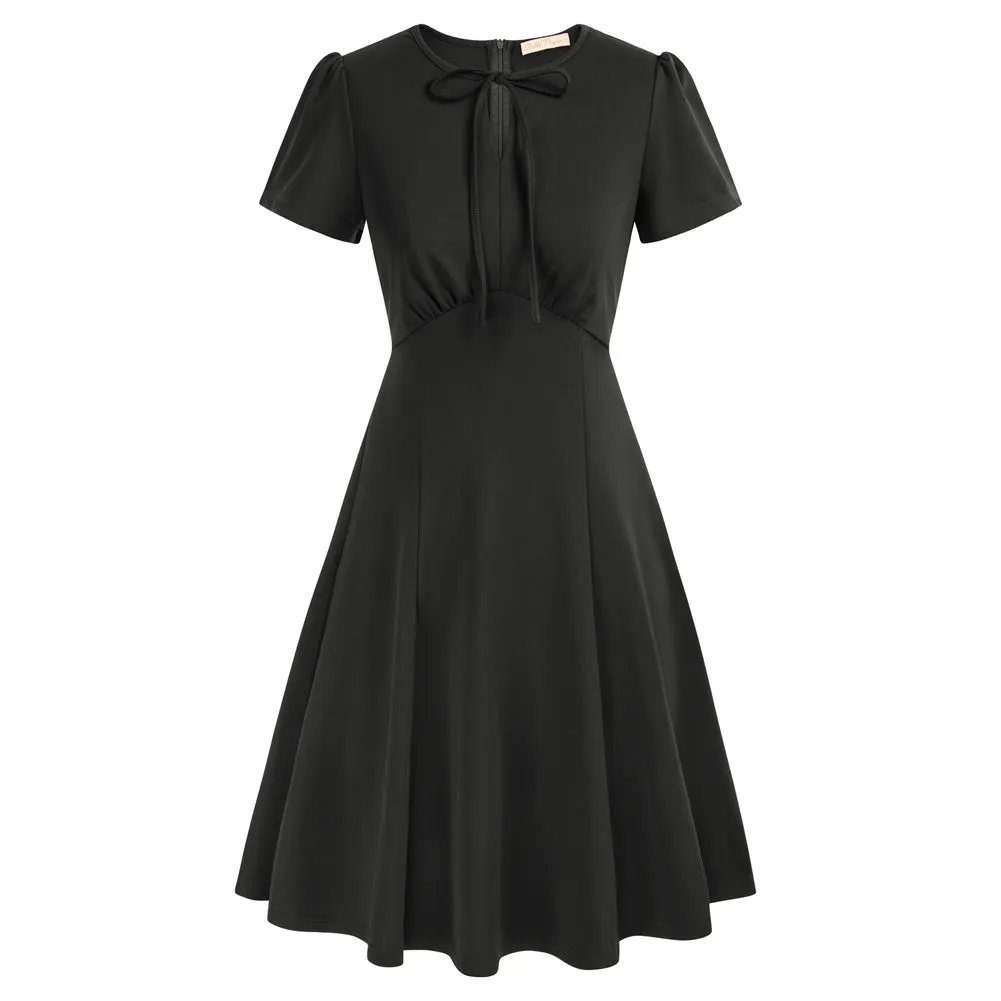 Vintage A-Line Swing Dress Keyhole Tie Dress Round Neck Work Dress Tea Dress