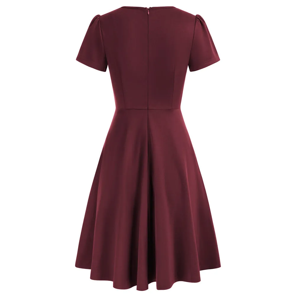 Vintage A-Line Swing Dress Keyhole Tie Dress Round Neck Work Dress Tea Dress