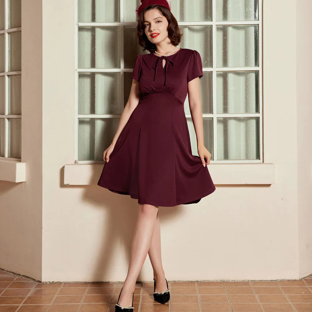 Vintage A-Line Swing Dress Keyhole Tie Dress Round Neck Work Dress Tea Dress