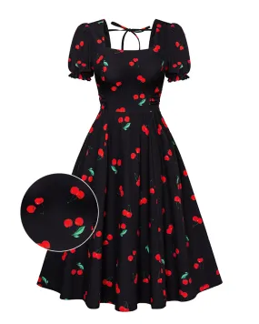 Vintage Cherry Print Cottagecore Cocktail Dresses Square Neck Puff Sleeve Dress with Pockets