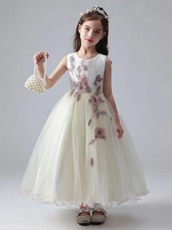 White Ankle-Length Princess Dress Flower Girl Dresses Jewel Neck Sleeveless Tulle Beaded Embroidered Formal Kids Pageant Dresses