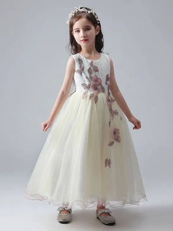 White Ankle-Length Princess Dress Flower Girl Dresses Jewel Neck Sleeveless Tulle Beaded Embroidered Formal Kids Pageant Dresses