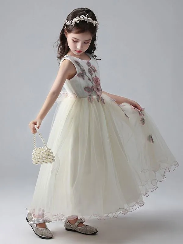 White Ankle-Length Princess Dress Flower Girl Dresses Jewel Neck Sleeveless Tulle Beaded Embroidered Formal Kids Pageant Dresses