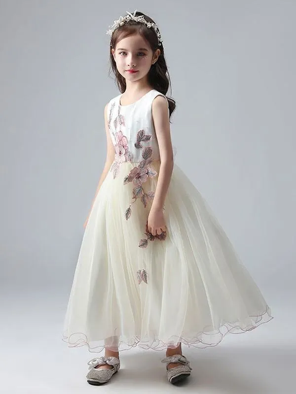 White Ankle-Length Princess Dress Flower Girl Dresses Jewel Neck Sleeveless Tulle Beaded Embroidered Formal Kids Pageant Dresses