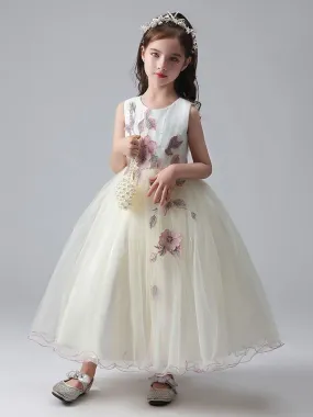 White Ankle-Length Princess Dress Flower Girl Dresses Jewel Neck Sleeveless Tulle Beaded Embroidered Formal Kids Pageant Dresses