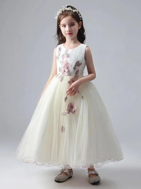 White Ankle-Length Princess Dress Flower Girl Dresses Jewel Neck Sleeveless Tulle Beaded Embroidered Formal Kids Pageant Dresses