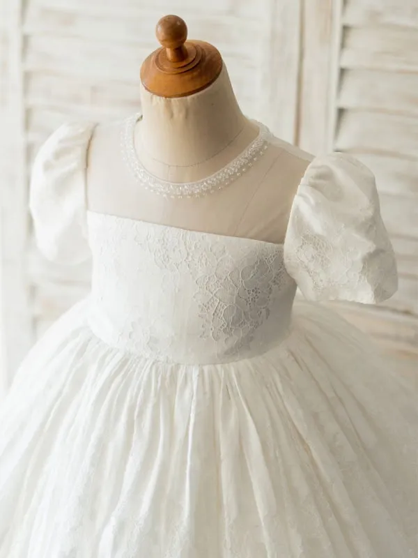 White Flower Girl Dresses Jewel Neck Short Sleeves Beaded Formal Kids Pageant Dresses