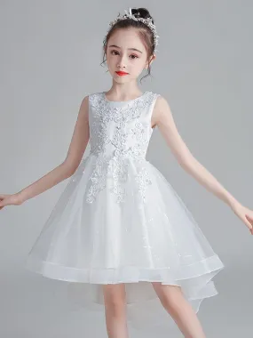 White Flower Girl Dresses Short Princess Dress Jewel Neck Sleeveless Bows Kids Party Dresses