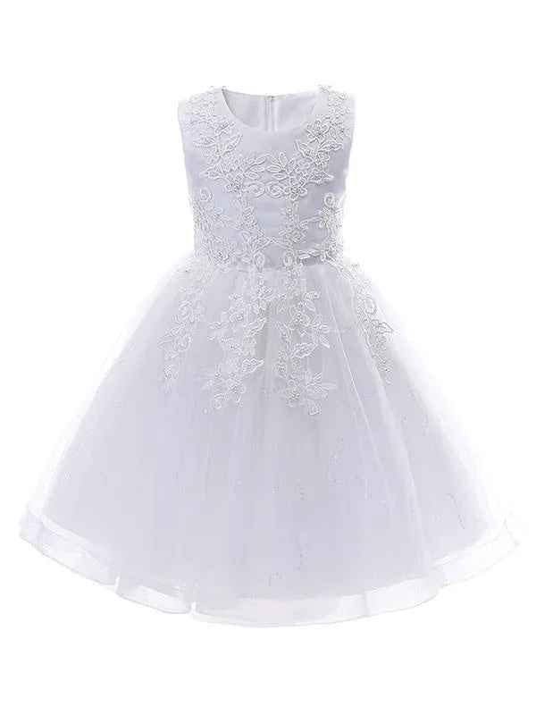 White Flower Girl Dresses Short Princess Dress Jewel Neck Sleeveless Bows Kids Party Dresses